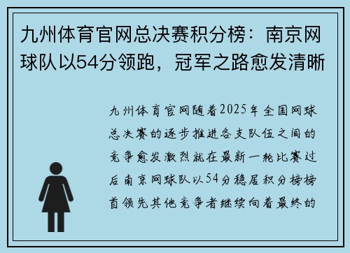 九州体育官网总决赛积分榜：南京网球队以54分领跑，冠军之路愈发清晰