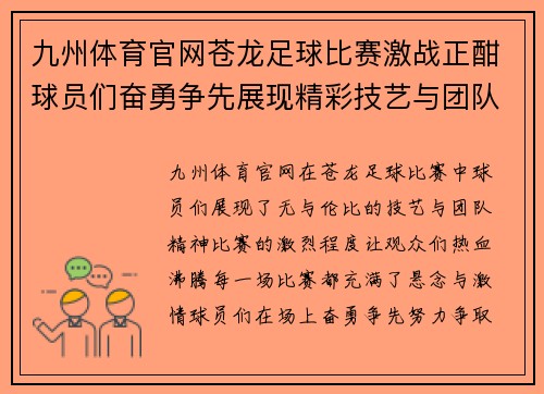九州体育官网苍龙足球比赛激战正酣球员们奋勇争先展现精彩技艺与团队精神