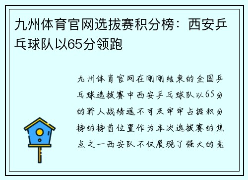 九州体育官网选拔赛积分榜：西安乒乓球队以65分领跑